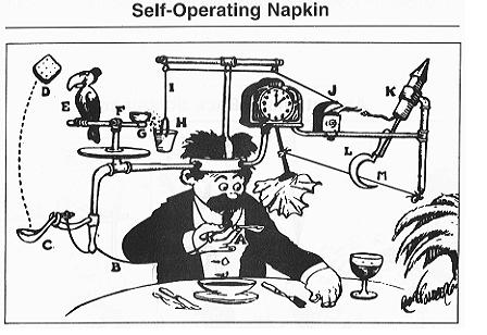 Rube Goldberg Self-Operating Napkin — una máquina absurdamente compleja para una tarea simple